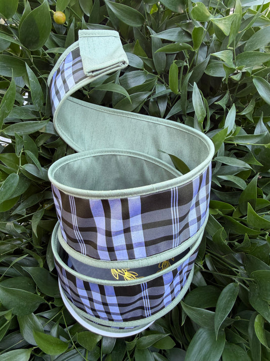 TAFFETA PLAID/DUPION FUSED BACK/PIPING 2.5"x10YD BLACK/WHITE/GREEN HEAVY WIRED RIBBON