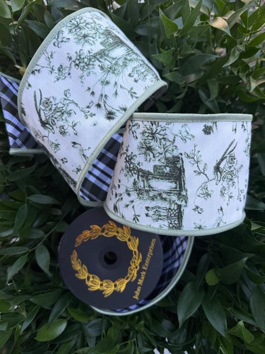CHINOISERIE DIGITAL/TAFFETA PLAID FUSED/DUPION PIPING 4"X10YD GREEN HEAVY WIRED RIBBON