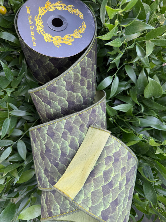 GINGKO LEAF DIGI PRINT/DUPION FUSED BACK 4"x10YD GREEN HEAVY WIRED RIBBON