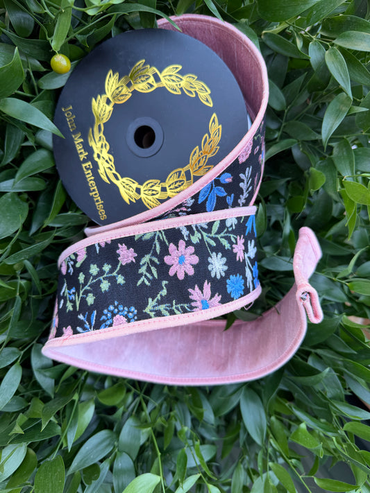 MIDNIGHT GARDEN JACQ/DUPION FUSED/PIPING 2.5"X10YD MULTICOLOR/BLACK HEAVY WIRED RIBBON