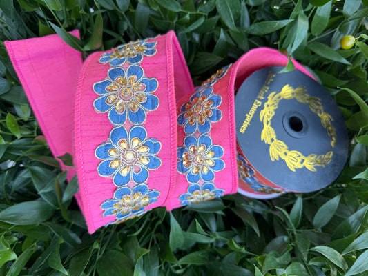 JEWELED FLOWER TRIM DUPION/DUPION FUSED 2.5"X5YD CORAL HEAVY WIRED RIBBON