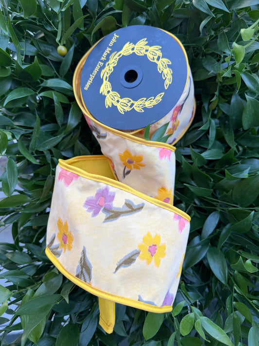FLORAL SHEER JACQ/FUSED TAFFETA/PIPING 4"x10YD MUSTARD HEAVY WIRED RIBBON
