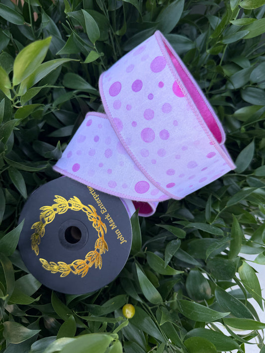 POLKA DOT DIGI PRINT/BLUSH DUPION FUSED 2.5"x10YD PINK HEAVY WIRED RIBBON