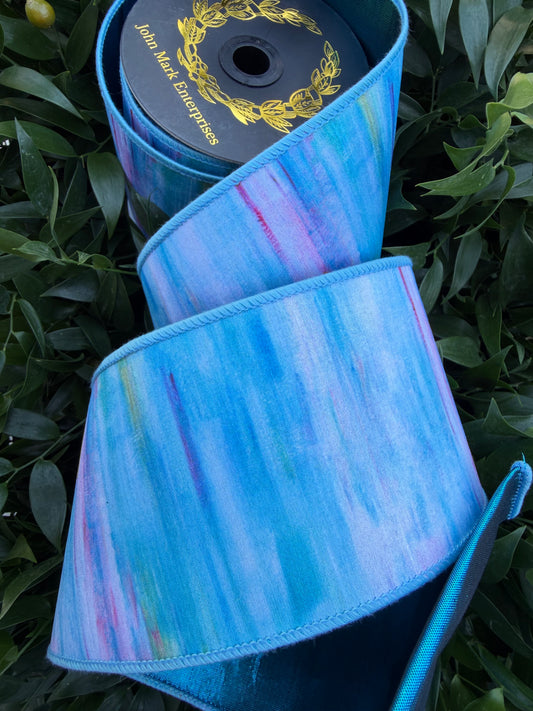 SUMMER SKY WATER COLOR DIGI/DUPION FUSED 4"x10YD BLUE HEAVY WIRED RIBBON