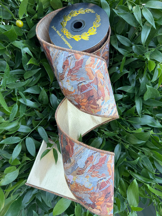MARBLE PAPER DIGI PRINT/DUPION FUSED 4"x10YD MULTICOLOR/GOLD HEAVY WIRED RIBBON