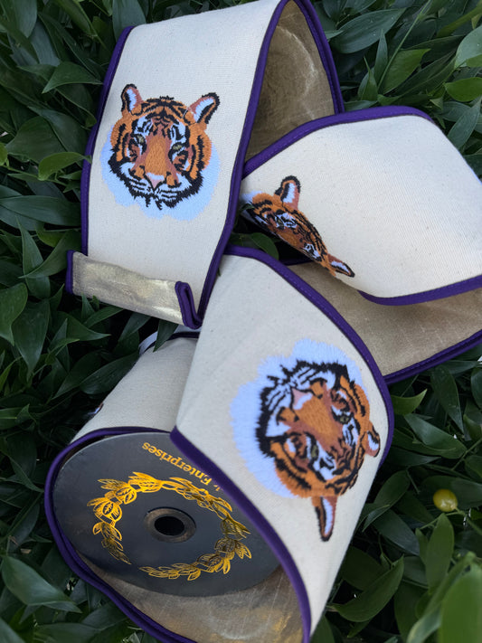 TIGER EMBR CANVAS/METALLIC DUPION FUSED BACK/DUPION PIPING 4"X5YD NAT/PURPLE/GOLD HEAVY WIRED RIBBON