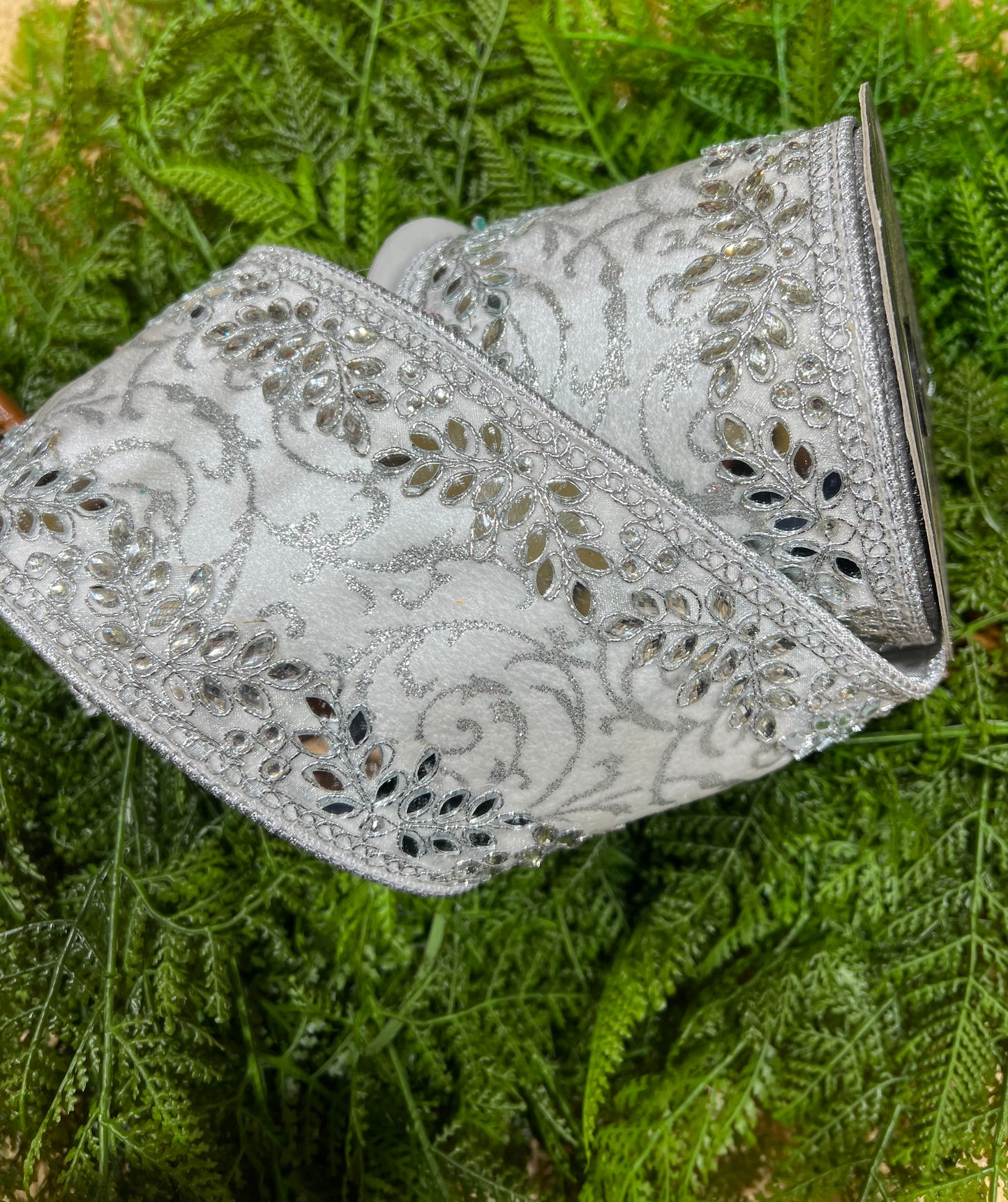 JME heavy wired ribbon. WHITE Velvet with Silver Scroll Pattern and Jeweled Leaf Trim 4"x 5YDS