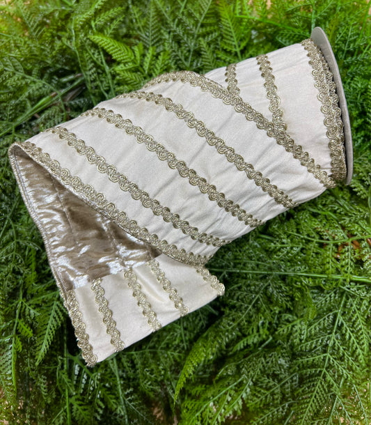 JME heavy wired ribbon. CREAM Dupion with Gold Bands 4"x 5YDS