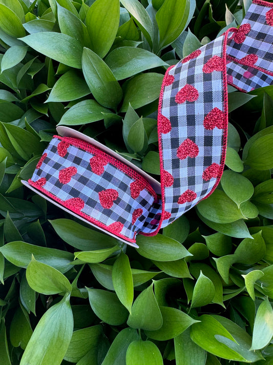 Black/White Check with Red Glitter Hearts Wired Ribbon 1.5"x10 YD
