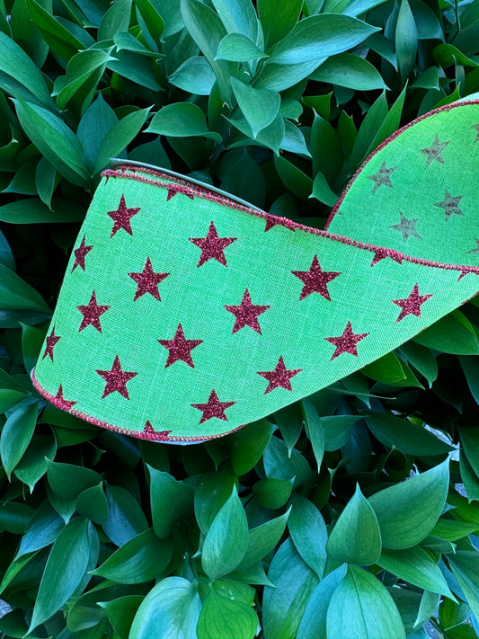 Lime with Red Glitter Stars Wired Ribbon 4"x 10YDS