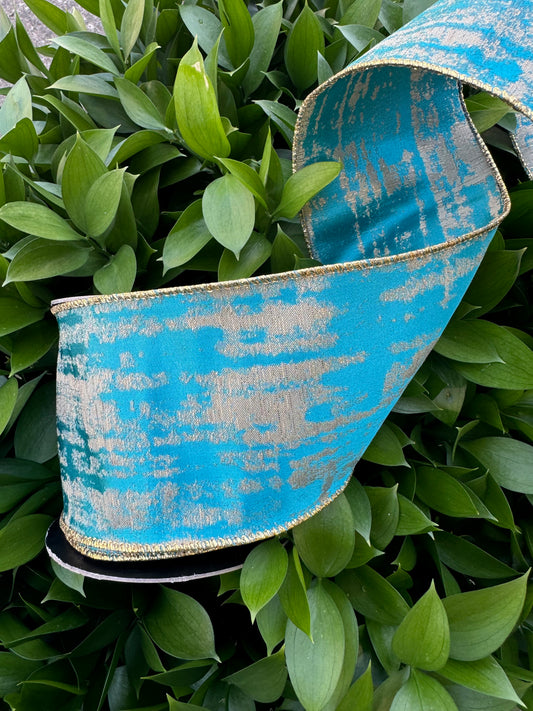 Teal with Metallic Gold Distress Wired Ribbon 4"x 10YDS