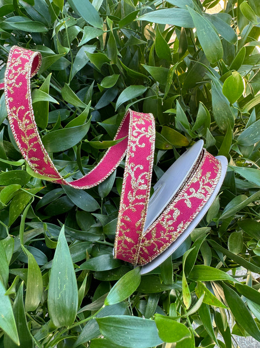 Gold Glitter Acanthus Leaf Burgundy Wired Ribbon 5/8"x 10YDS