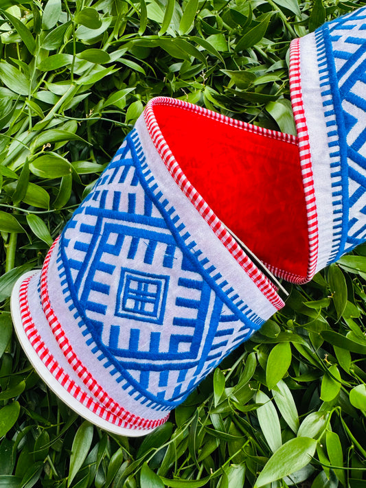 JME heavy wired ribbon. BLUE/WHITE Embroidered Geo Pattern with Red/White Check Trim 4"x 10YDS
