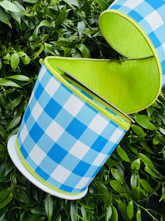 JME heavy wired ribbon. BLUE/WHITE Check with LIME Dupion Back 4"x 10YDS