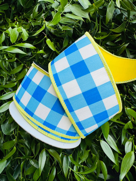 JME heavy wired ribbon. BLUE/WHITE Check with YELLOW Dupion Back 2.5"x 10YDS