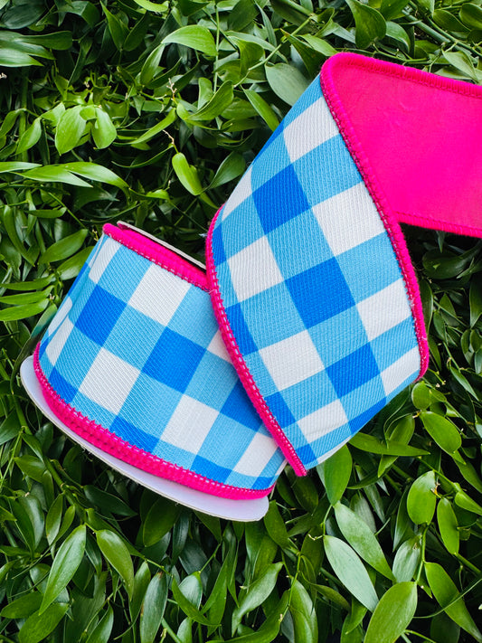 JME heavy wired ribbon. BLUE/WHITE Check with HOT PINK Dupion Back 2.5"x 10YDS