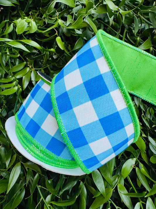 JME heavy wired ribbon. BLUE/WHITE Check with GREEN Dupion Back 2.5"x 10YDS