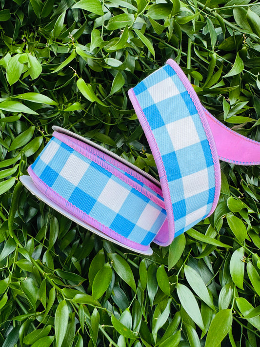 JME heavy wired ribbon. BLUE/WHITE Check with LIGHT PINK Dupion Back 1.5"x 10YDS