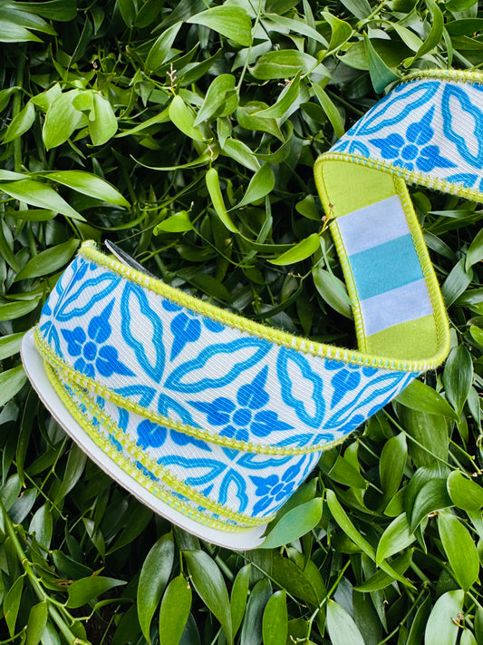 JME heavy wired ribbon. BLUE/WHITE Geo Pattern with Lime/Blue Striped Dupion Back 1.5"x 10YDS