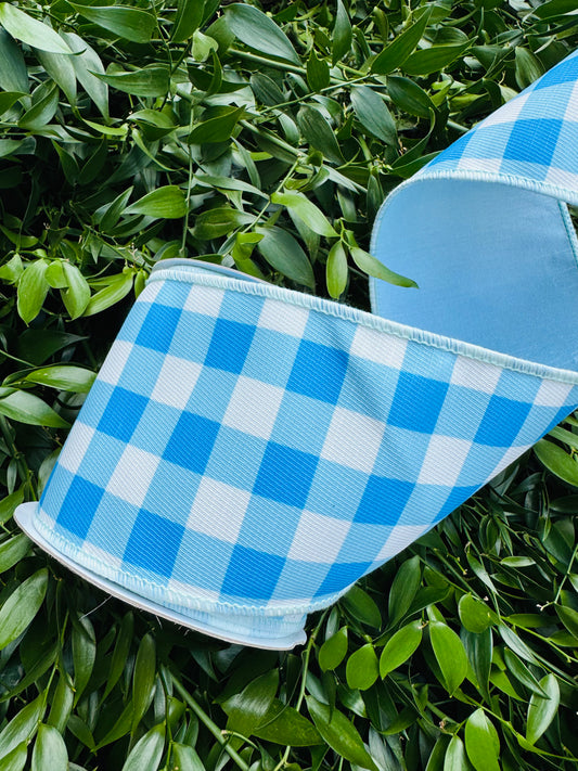 JME heavy wired ribbon. BLUE/WHITE Check with LIGHT BLUE Dupion Back 4"x 10YDS