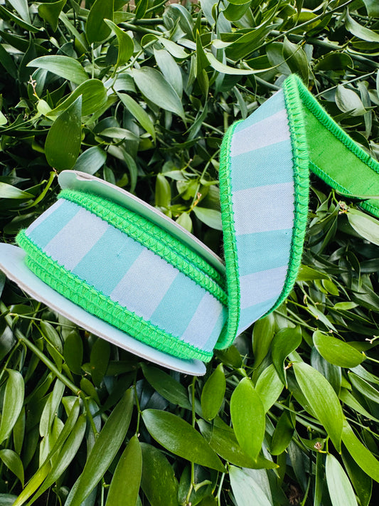 JME heavy wired ribbon. BLUE Dupion Stripes with Green Back 1"x 10YDS