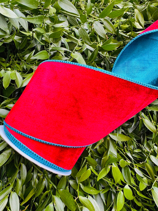JME heavy wired ribbon. DEEP RED velvet backed with metallic BLUE dupion. 4“ x 10 yards