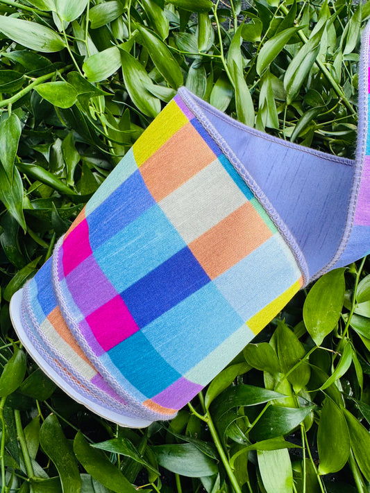 JME heavy wired ribbon. Bright Multicolor Check with LAVENDER Dupion Back 4"x 10YDS