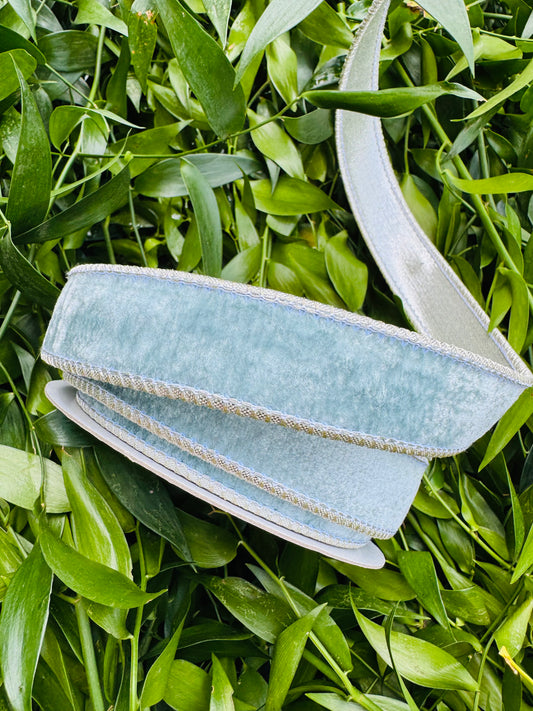 JME heavy wired ribbon. Aqua velvet with Champagne metallic back 1" x 10 yards