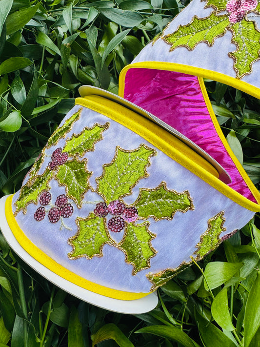 JME heavy wired ribbon, White dupion with embroidered holly leaf design and yellow piping with hot pink metallic back  4"x 10yds