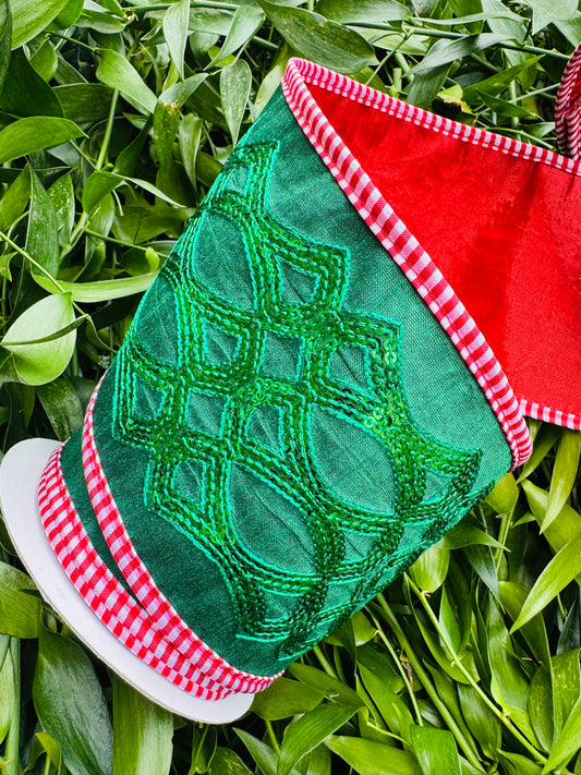 JME heavy wired ribbon, Green dupion with a Green sequin pattern and Red and White checked piping, with Red Metallic Back  4"x5yds