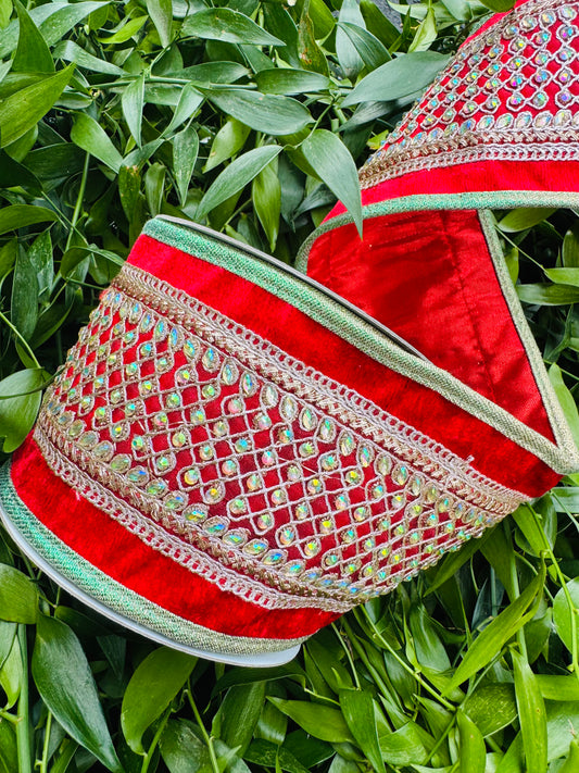 JME heavy wired ribbon double fused, Red velvet with jeweled band and Green piping with Red dupion metallic back 4"x 5yds