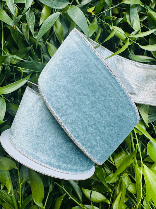 JME heavy wired ribbon. Aqua velvet with Champagne metallic back 2.5" x 10 yards