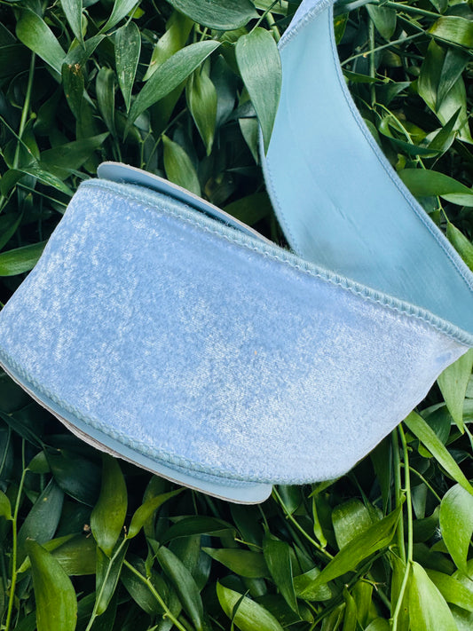 JME heavy wired ribbon. White velvet with soft Blue taffeta back 2.5" x 10 yards