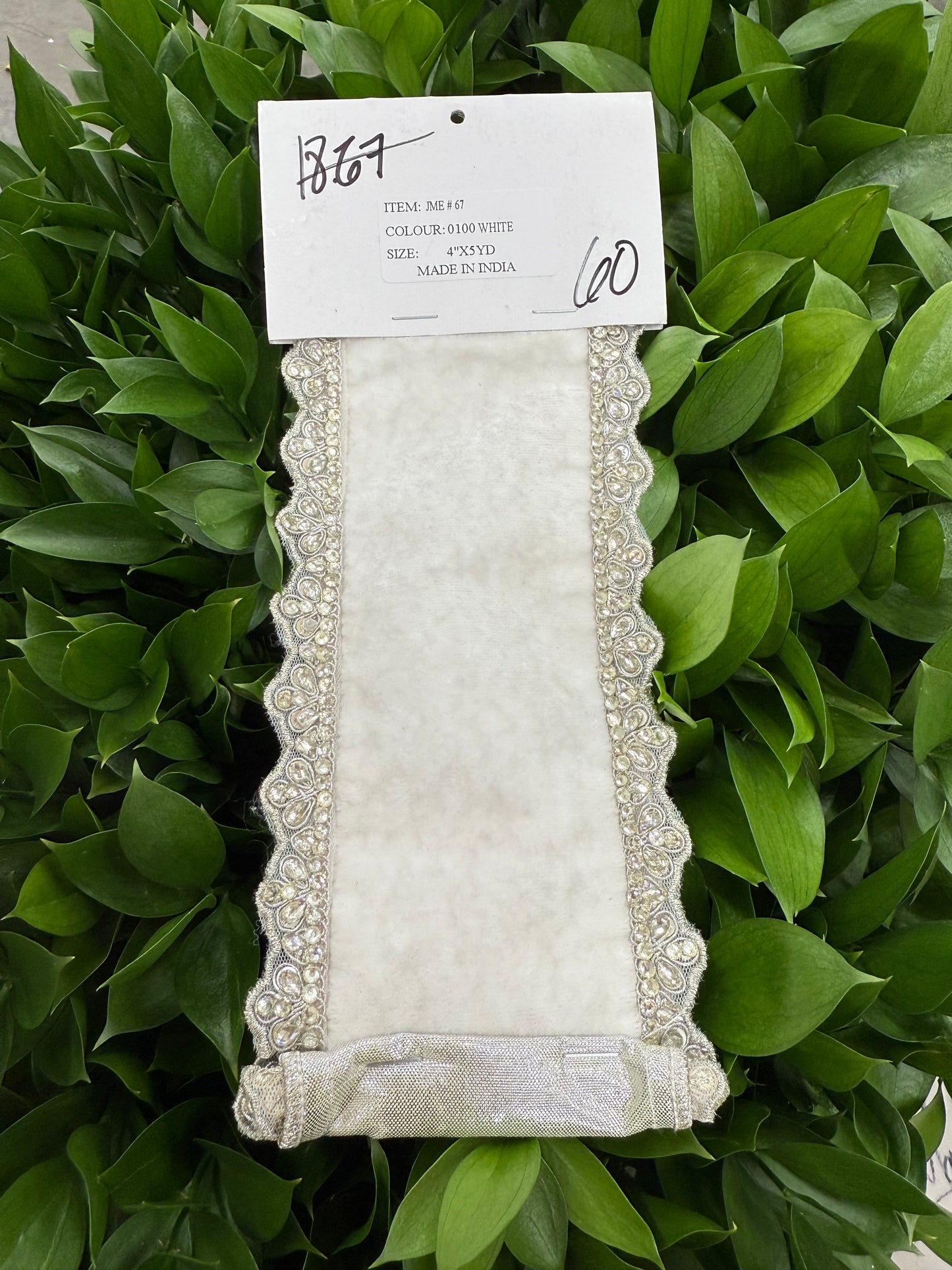 JME heavy wired ribbon. WHITE Velvet with Silver Jeweled Trim and Metallic Back 4"x 5YDS
