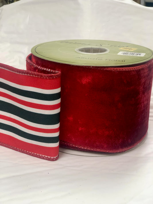 Red Velvet with Red,White,dark green Striped Back 4Inch by 5 Yards