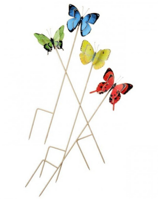 Small Butterfly Garden Stakes Set of 4. One color each. Green, Blue, Yellow, Red  5" x 26"