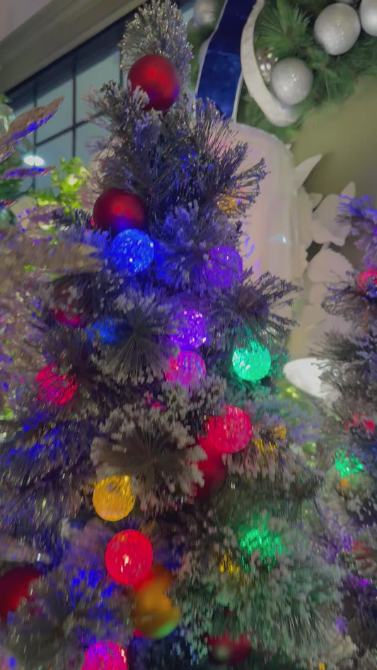 Potted Snowy Christmas Tree With Ornaments 4' Tall. With lights!