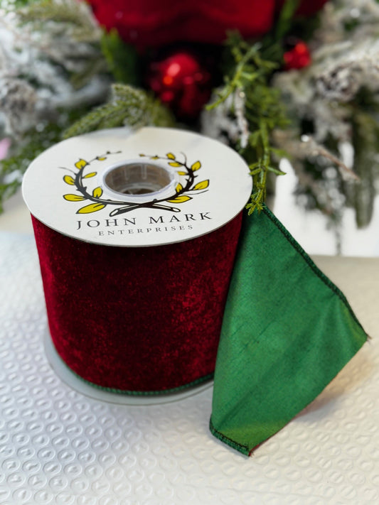 Red Velvet with Green Dupion Backing 4 Inch by 5 Yards