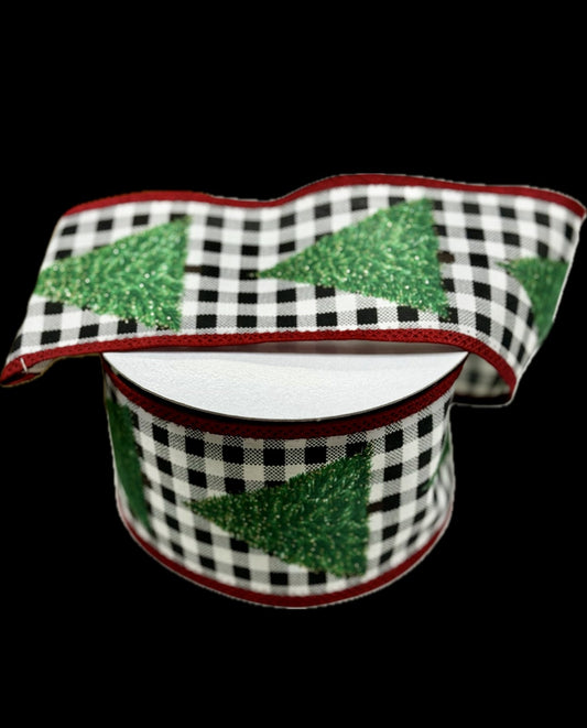 Black checked Ribbon with Green Christmas Trees 2 3/4 inch by 10 yards