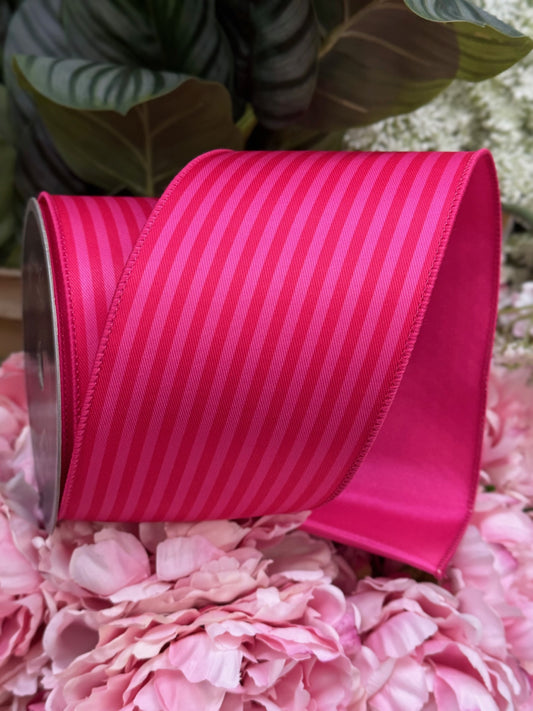 Hot Pink with Pink Monochrome Horizontal Stripes with Solid Hot Pink Back 4 Inches by 10 Yards