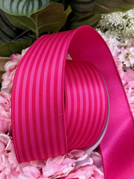 Hot Pink with Pink Monochrome Horizontal Stipes with Solid Hot Pink Back 2.5 Inches by 10 Yards