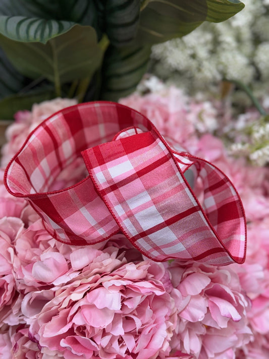 Pink/Red/White Plaid Polyester 2.5 Inches by 10 Yards