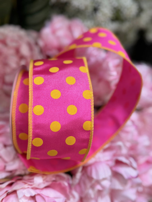 Hot Pink with Yellow Dots and Solid Hot Pink Back 2.5 Inches by 10 Yards